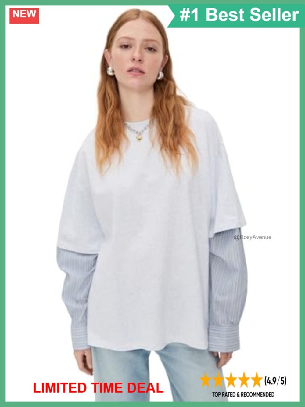 Oversized Long Sleeve Crew Neck Jersey Shirt with Poplin Sleeves